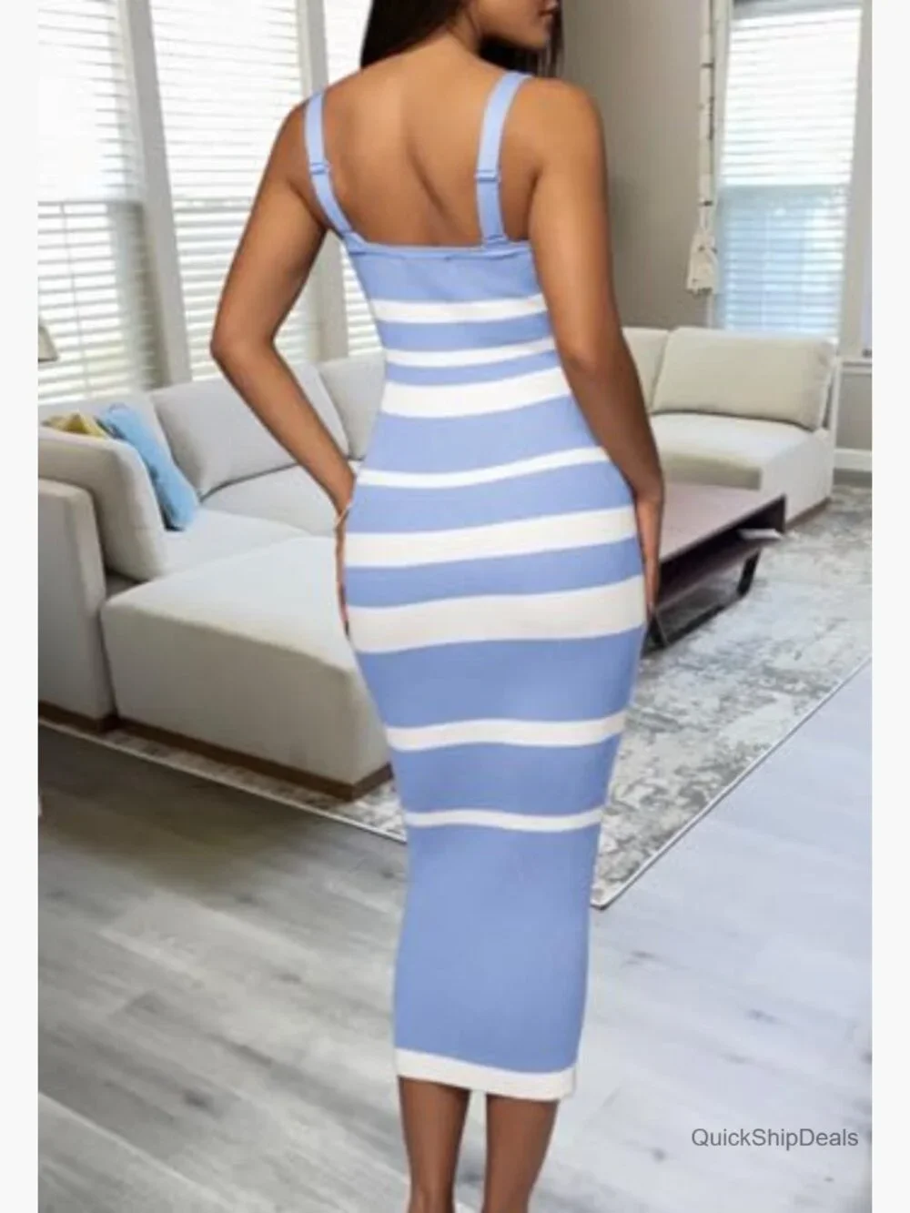 Sleeveless Striped Bodycon Midi Dress Square Neck Ribbed Knit - Picture 7 of 7